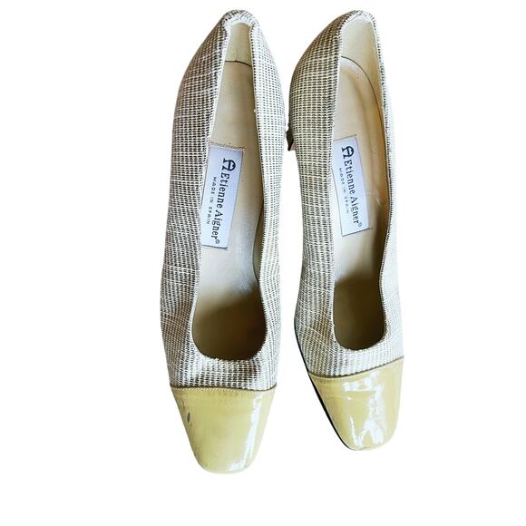 Etienne Aigner Houndstooth Cap Toe Pumps 7.5 Leather Vintage Career Academia 60s - Picture 2 of 9